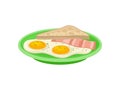Two fried eggs, slice of bacon and toast bread on green plate. Tasty food. Appetizing breakfast. Flat vector design