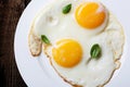 Two fried eggs in a white ceramic plate with basil leaves on an old wooden table. Dark background Royalty Free Stock Photo