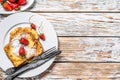 Two fried French toast with powdered sugar and strawberries. White background. Top view. Copy space Royalty Free Stock Photo