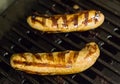 Two fried meat sausages cooked in a grill with fried strips of ribs bbq shining Royalty Free Stock Photo