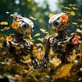Two friendly AI robots with flowers in nature