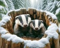 Two Friendly Badgers Small Animals Snowfall Forest Woodland Critters Winter Canada AI Generated Royalty Free Stock Photo