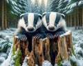 Two Friendly Badgers Small Animals Snowfall Forest Woodland Critters Winter Canada AI Generated Royalty Free Stock Photo