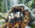 Two Friendly Badgers Small Animals Snowfall Forest Woodland Critters Winter Canada AI Generated