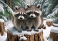 Two Friendly Raccoons Small Animals Snowfall Forest Woodland Critters Winter Canada AI Generated