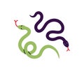 Two friendly snakes in doodle style. Pair of tropical serpents. Colourful vipers with curved into loop tails. Icon of Royalty Free Stock Photo