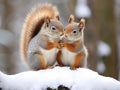 two friendly squirrels in the snow Royalty Free Stock Photo