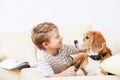 Two friends - boy and dog lying together on sofa Royalty Free Stock Photo