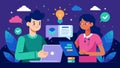 Two friends collaborate on a digital story using the apps multiple user function to combine their differing ideas and