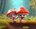 two friends cute and funny baby mushrooms. cartoon style Royalty Free Stock Photo