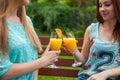 Two friends drink refreshing, cold orange juice. Royalty Free Stock Photo
