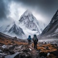 two friends enjoy a hike together on a scenic trail in front of a majestic mountain