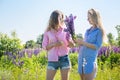 Two friends on the field with lupines Royalty Free Stock Photo