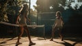 Two friends play a game of tennis on a sunny afternoon created with Generative AI Royalty Free Stock Photo