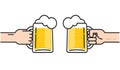 Two friends holding beer glasses with foam cheering, beer in hands toasting, concept of cheering party, flat line art Royalty Free Stock Photo