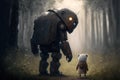 Two friends - a large kind robot and a small white teddy bear in the forest. Back view. Created with Generative AI