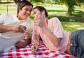 Two friends laughing as they raise their glasses during a picnic Royalty Free Stock Photo