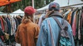 Two friends in matching baseball caps laugh and chat as they rummage through a pile of vintage clothing at one of the Royalty Free Stock Photo