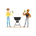 Two friends preparing barbecue on a grill and drinking beer vector Illustration Royalty Free Stock Photo