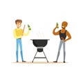 Two friends preparing barbecue on a grill and drinking beer vector Illustration