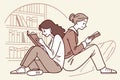 Two friends reading books together in a cozy library setting during a quiet afternoon Royalty Free Stock Photo