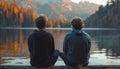 Two friends relishing the breathtaking mountain vista from the edge of a serene alpine lake