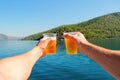 Two friends say a toast on the sea Royalty Free Stock Photo