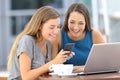 Two friends sharing a smart phone in a coffee shop Royalty Free Stock Photo