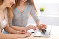 Two friends or sisters talking taking a conversation at the table with laptop