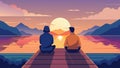 Two friends sit in silence on a dock gazing at the sunset and lost in thought.. Vector illustration. Royalty Free Stock Photo