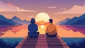 Two friends sit in silence on a dock gazing at the sunset and lost in thought.. Vector illustration.