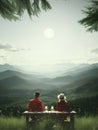 Two friends sitting at the picnic table with drinks, looking at the mountains in the distance. Generative AI