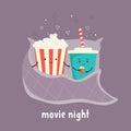 Two friends soda and pop corn. Comic vector illustration