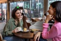 Two friends talking in a cafe and looking involved Royalty Free Stock Photo