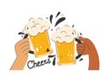 Two friends toast with with beer mugs. People celebrating Oktoberfest festival. Have a beer with your friends. Design