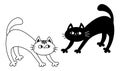 Two frightened cat arch back. Kitten set. Black contour silhouette. Doodle linear sketch. Cute funny cartoon kawaii character. Royalty Free Stock Photo