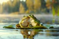 Two frogs in love are sitting on a lily pad, they have a date. The frogs are in love