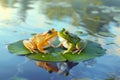 Two frogs in love are sitting on a lily pad, they have a date. An yellow and green frogs are in love