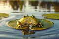 Two frogs in love are sitting on a lily pad in a pond
