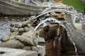 Two frogs made of stone on the ancient fountain side. Royalty Free Stock Photo