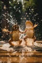 Two frogs playing in the water with each other. Generative AI image.