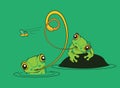 Two frogs in a pond trying to catch a fly