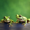 Two frogs are sitting on a wooden podium on a green background