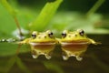 two frogs watching over tadpoles in a pond Royalty Free Stock Photo