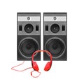 Two front view one three way line array loudspeaker enclosure cabinet and headphone isolated on a white Royalty Free Stock Photo