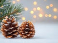 Two Frosted Pine Cones on Snow Surface with Lights Generative AI Illustration