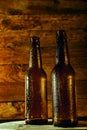 Two frosty beer bottles freshly taken out of the fridge