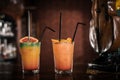 Two fruit alcoholic cocktail with straw at the bar table