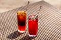 Two Fruit Cocktails Standing on the Table in Summer Sunny Day, Refreshing Drinks Royalty Free Stock Photo