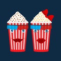 Two full buckets of popcorn with a female and a male face and 3D stereo glasses. Man and woman. Cheerful and funny characters. Royalty Free Stock Photo